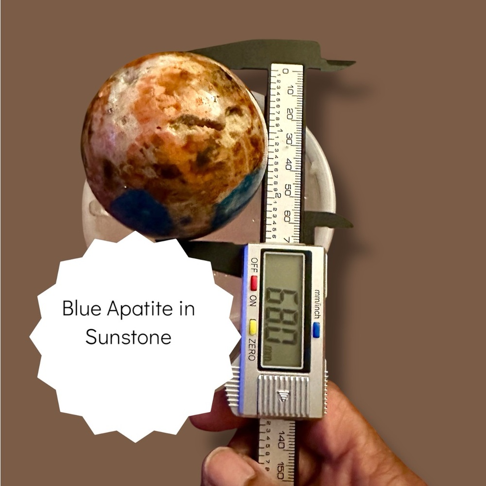 Blue Apatite in Sunstone Sphere - Picture 2 of 8